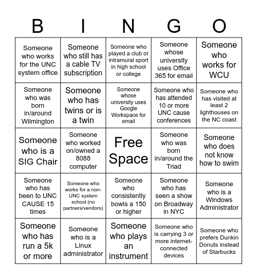 UNC Cause Bingo 2024 Bingo Card