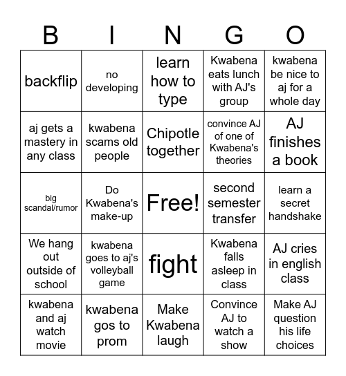 junior year bingo Card