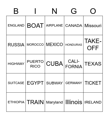UNIT 1: TOPIC 1-2: Travel, U.S. States, Global Voc Bingo Card