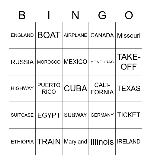 UNIT 1: TOPIC 1-2: Travel, U.S. States, Global Voc Bingo Card