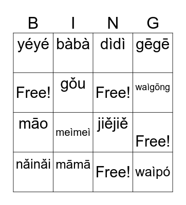 family member Bingo Card