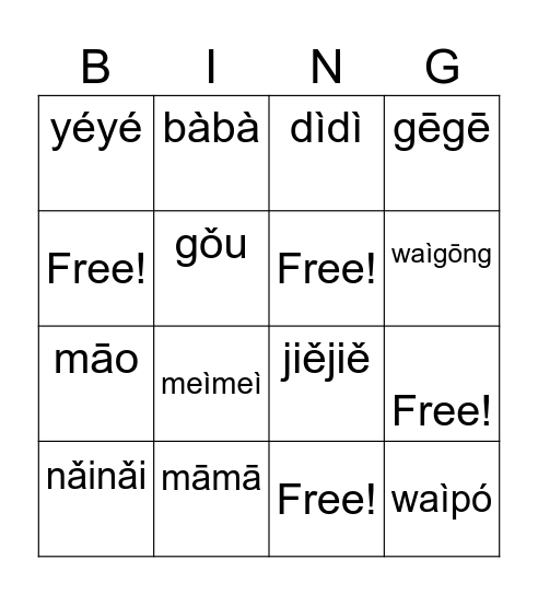 family member Bingo Card