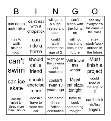 Modal verbs bingo Card