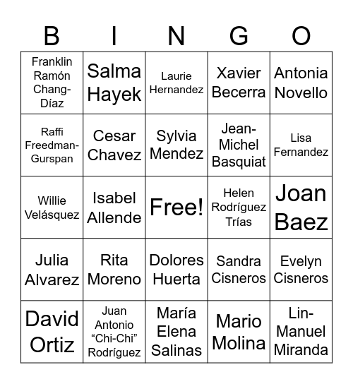 Hispanic Heritage Month Bingo Card