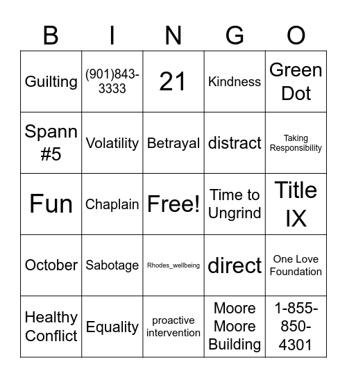 Campus Safety Bingo Card