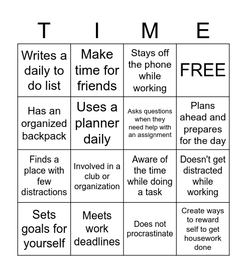 Time Management BINGO Card