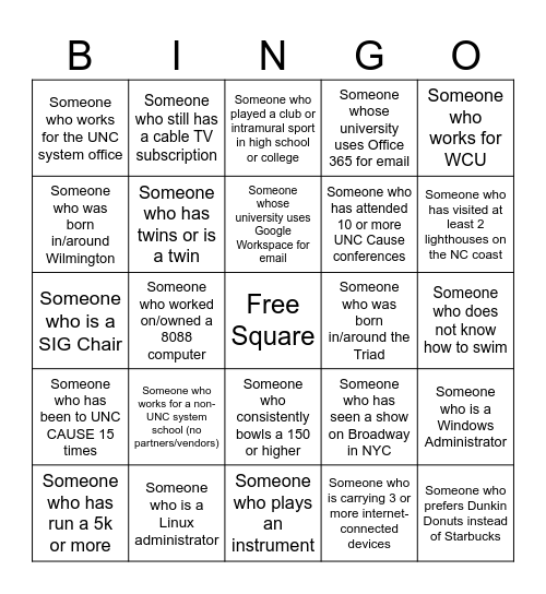 UNC Cause 2024 Bingo Card