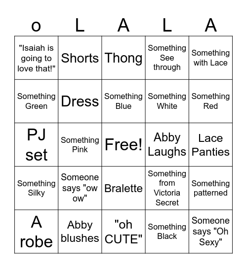 Lingerie Bingo Card