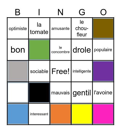 French Adjectives Bingo Card