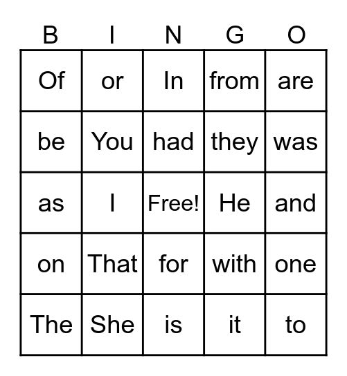 Sight Words 1 Bingo Card