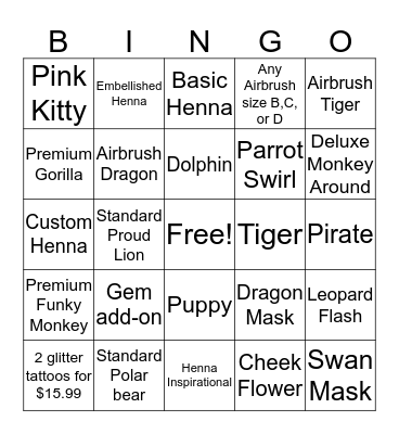 Body Art Bingo Card