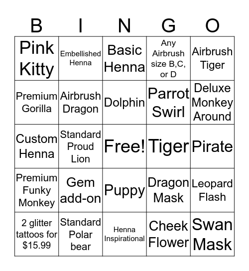 Body Art Bingo Card