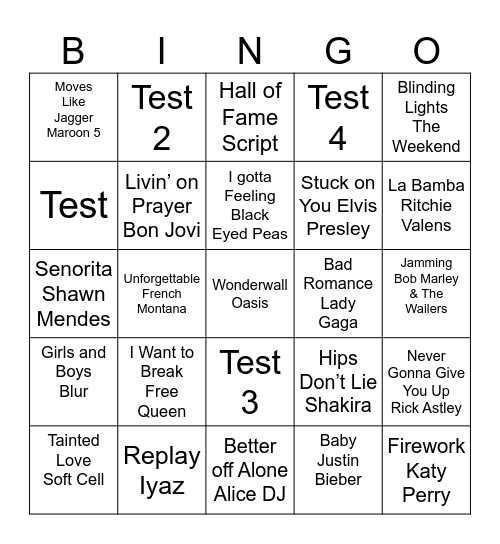 Rock and Roll Bingo Card