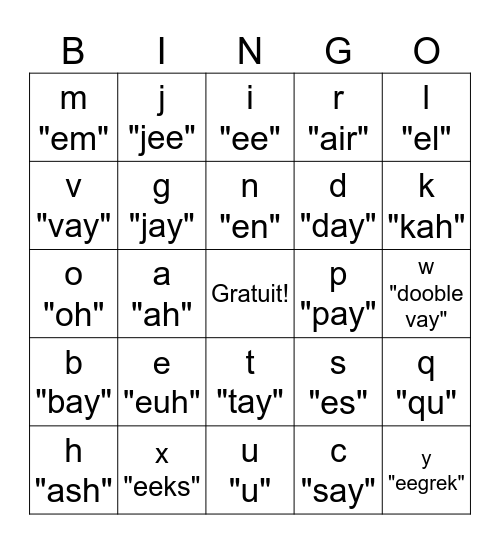 L'alphabet français Bingo Card