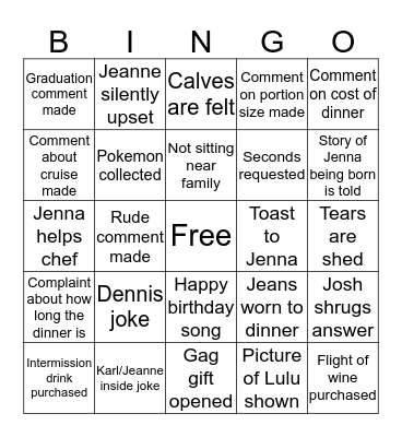 Dinner Bingo Card