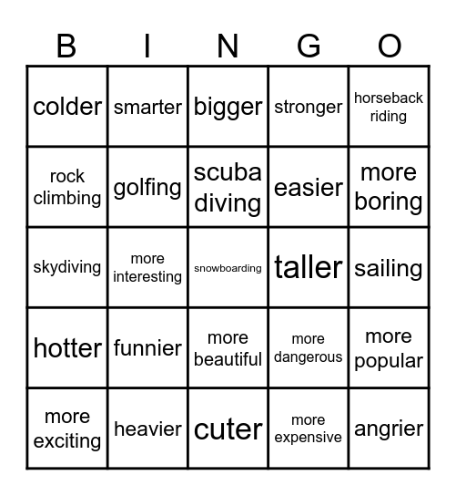 Comparative adjective and outdoor activities Bingo Card