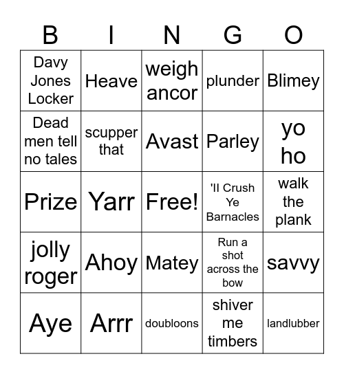 Pirate Lingo Bingo Card