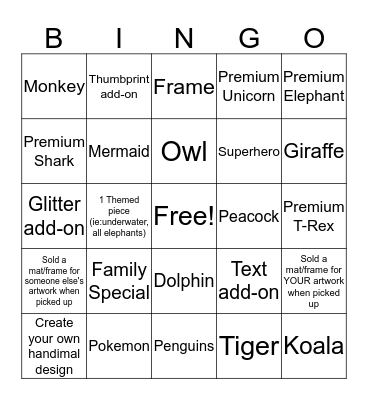 Handimals Bingo Card