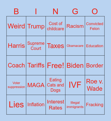 VP Debate 2024 Bingo Card