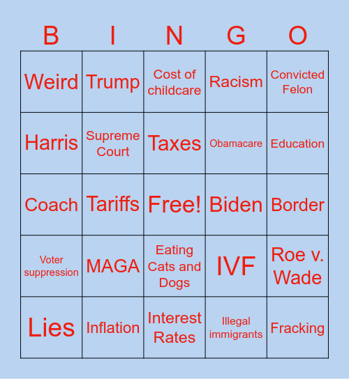 VP Debate 2024 Bingo Card