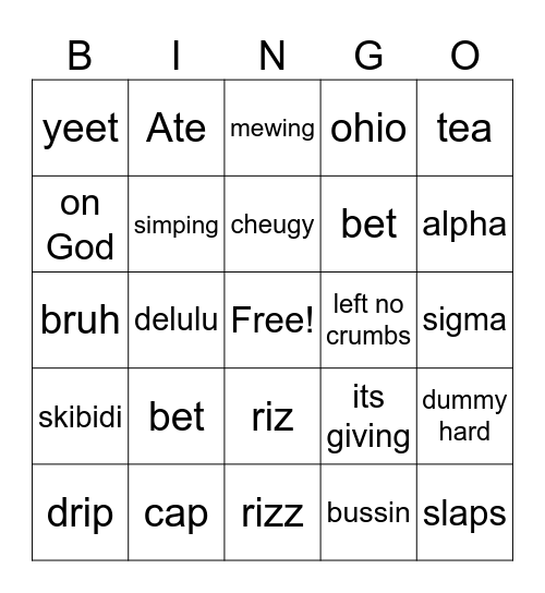 Middle School Now Bingo Card