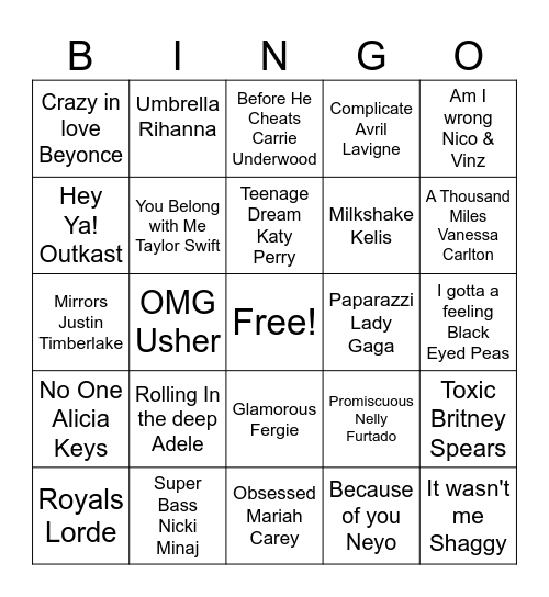 2010s Hits Bingo Card