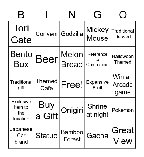 Japan Photo Bingo Card