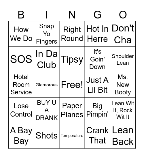 2000 Club Banger Bingo Card