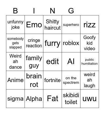 Cringe Bingo Card