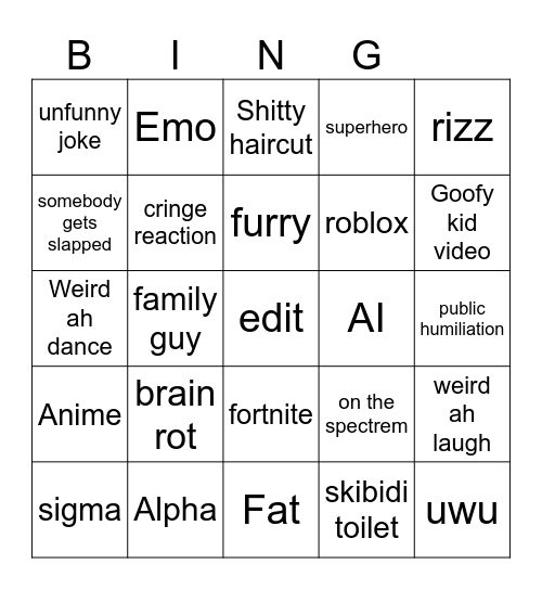 Cringe Bingo Card