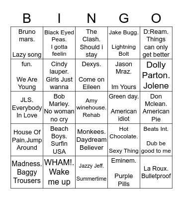 Rock n Roll Bingo Card