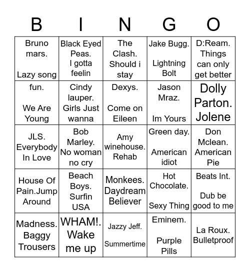 Rock n Roll Bingo Card