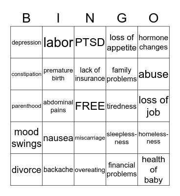 CAUSES OF STRESS DURING PREGNANCY Bingo Card