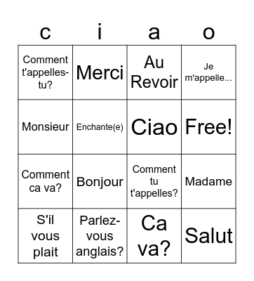 French Greetings Bingo Card