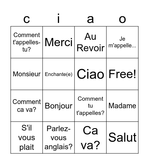 French Greetings Bingo Card