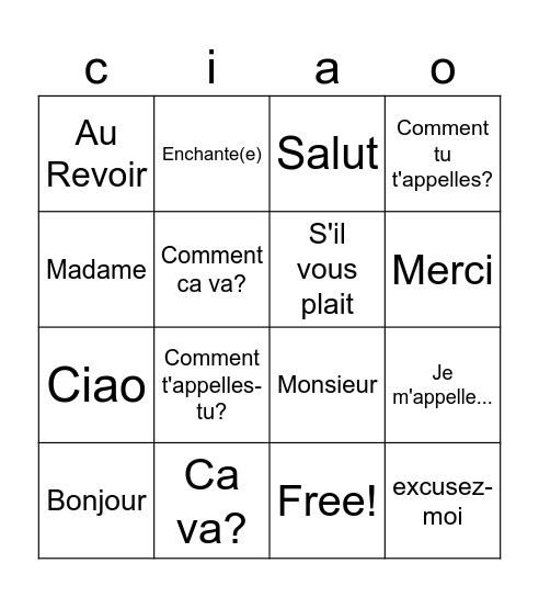 French Greetings Bingo Card