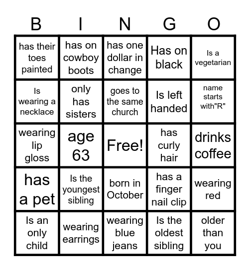 Regina's Cowgirl Bingo Card