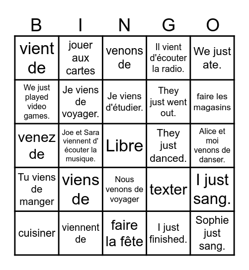 French Near Future and Recent Past Bingo Card