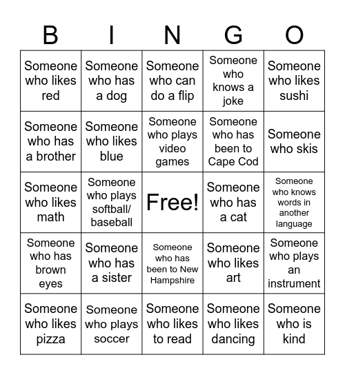 Learn about your classmates Bingo Card