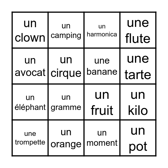 Les Mots Transparants Bingo Card