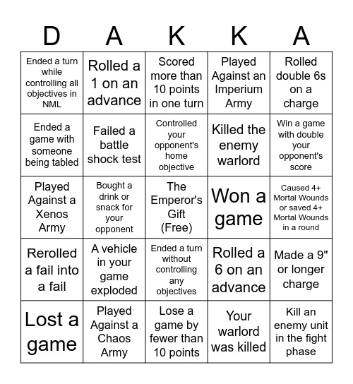 Warhammer 40k BINGO Card