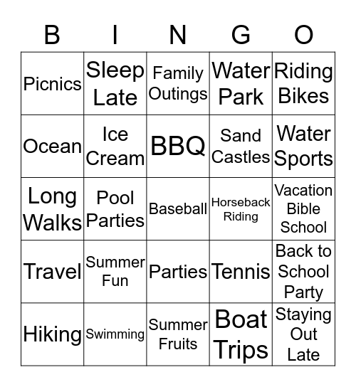 Summer Fun BINGO Card
