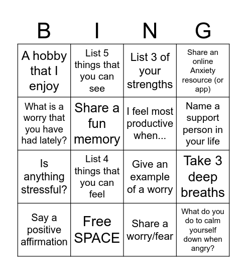 ANXIETY BINGO Card