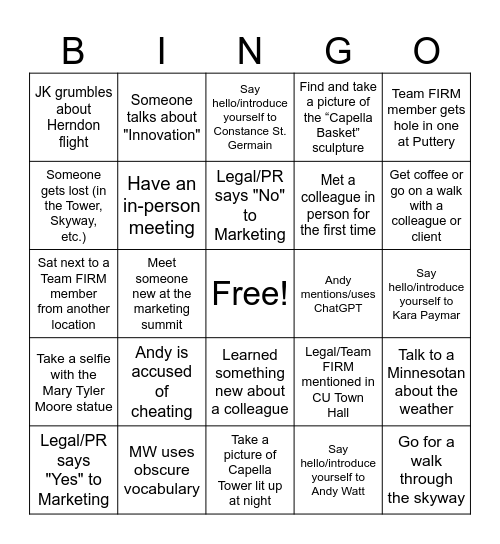 Team FIRM Bingo Card