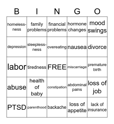 CAUSES OF STRESS DURING PREGNANCY Bingo Card