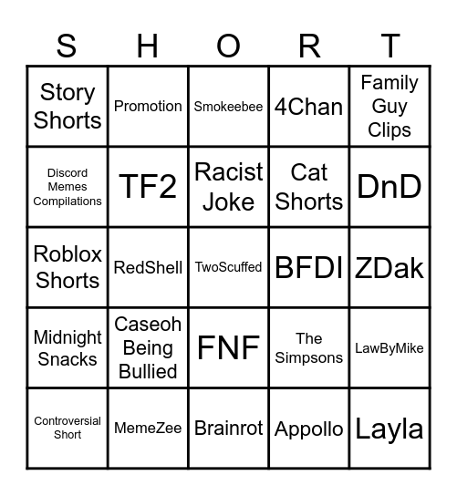 YouTube Shorts Bingo Card