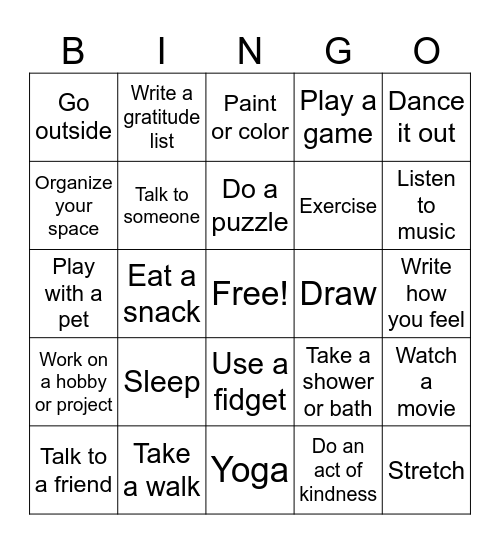Coping Skills Bingo Card