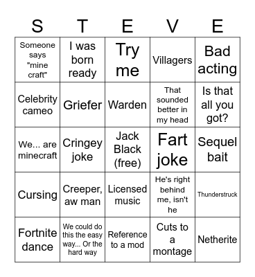 Minecraft Movie Bingo Card