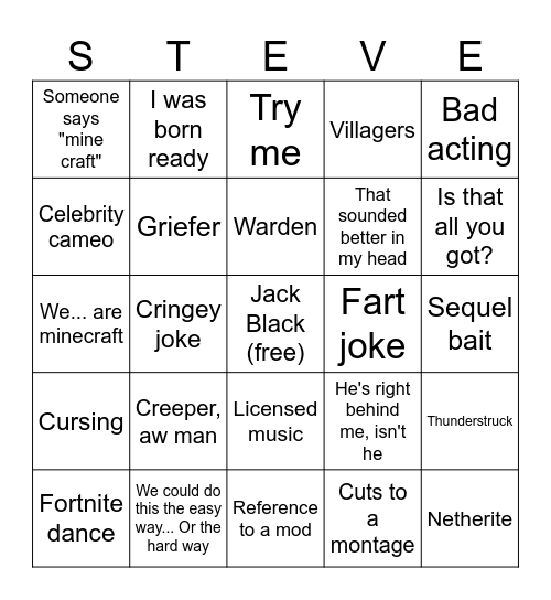 Minecraft Movie Bingo Card