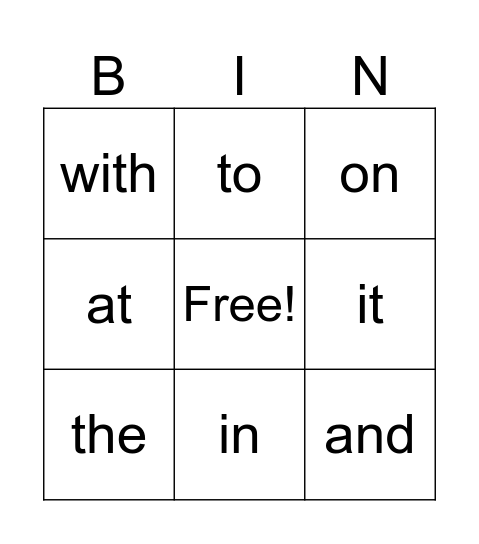 Sight Word Bingo Card